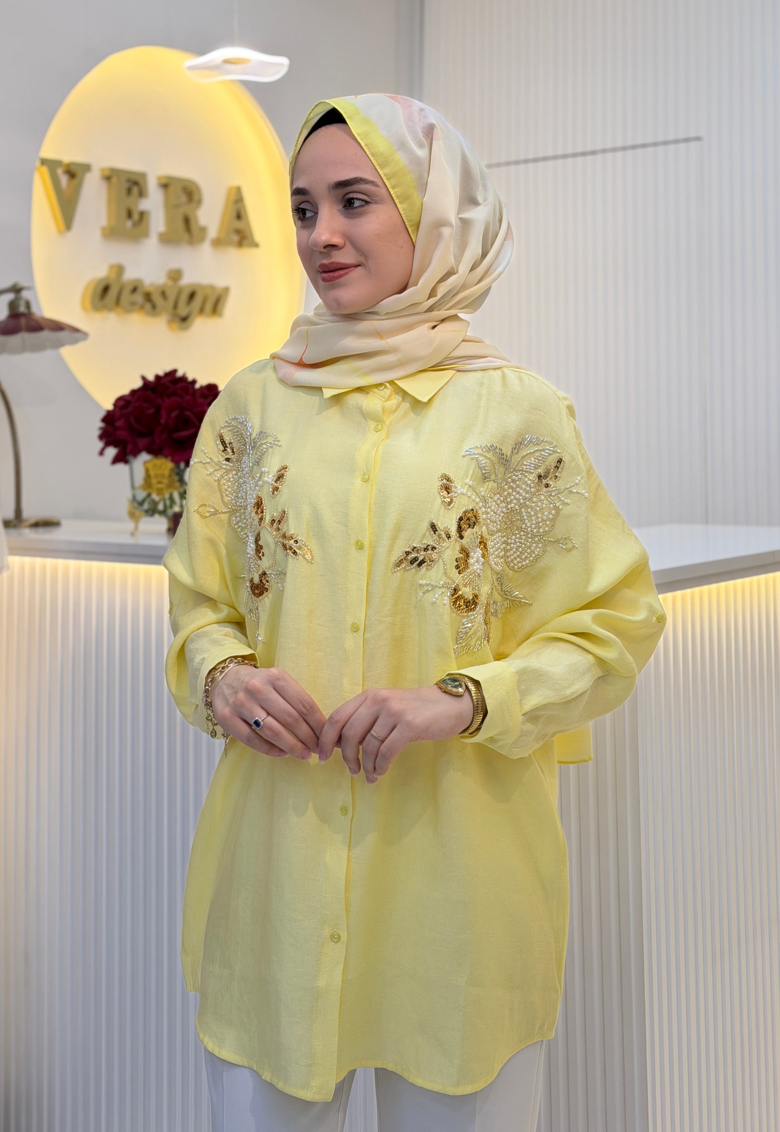 Çiçek Motif Oversize Gömlek