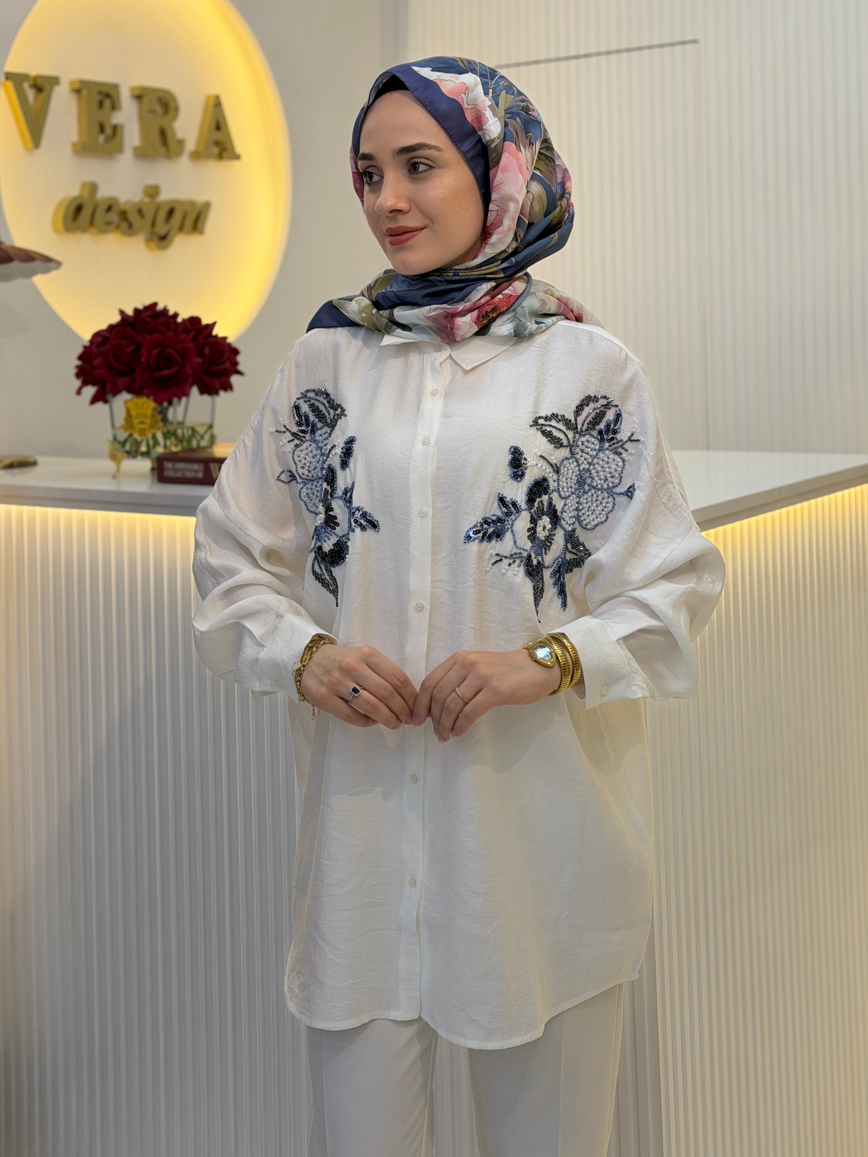 Çiçek Motif Oversize Gömlek
